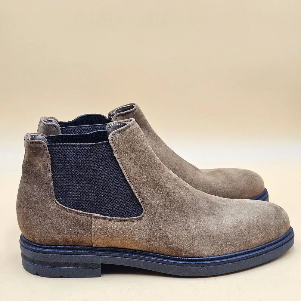 Mens Luxury Suede Chelsea Boots Taupe Brown Rugged Lug Sole Made In Italy Sz 45